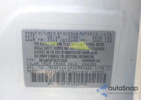 2019 Nissan Sentra Sv from USA, damaged, VIN 3N1AB7AP7KY212425